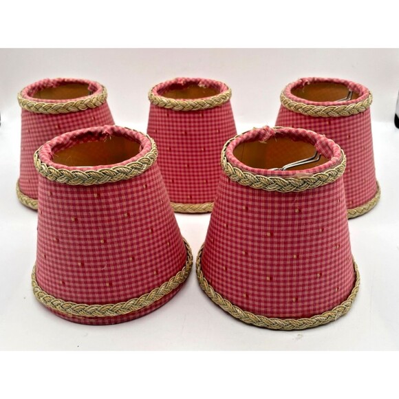 5 Vtg Pink Red Gingham Micro Check Chandelier Lamp Shades 4.5" Clip On Handmade - Picture 7 of 12